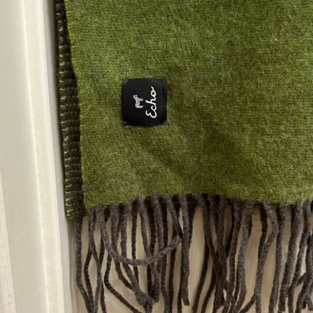 Echo Wool Rectangle Scar Soft Neck Warmer Fringe Stripe Professional Green Gray